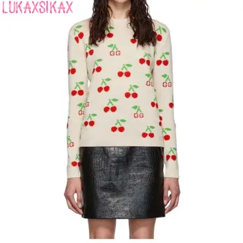 

LUKAXSIKAX 2019 New Autumn Winter Women Knitted Pullover Sweater High Quality Strawberry Jacquard Pattern Runway Sweater