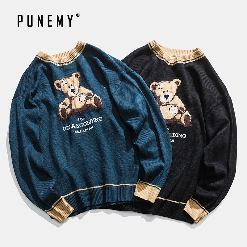 

Retro Men Sweaters Retro Teddy Bear Pattern Acrylic Oversize Hip Hop Streetwear Harajuku Autumn New Pullover Men's Sweaters