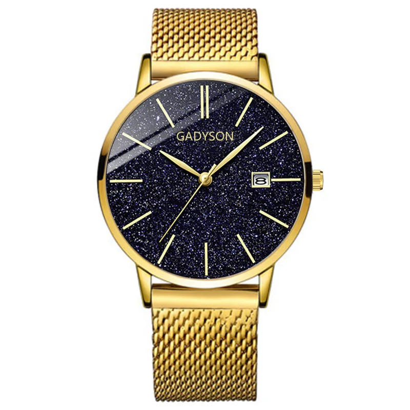 

New Luxury Gold Watch Men 2019 Top Brand Simple Slim Quartz Date Clock Casual Mesh Steel Starry Sky Watch relogio masculino xfcs