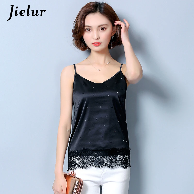

Jielur Silk Shirt Sexy Dot Printed Lace Hollow Out Women's Tank Top Solid Bottoming Tops Summer Autumn Camis Lady Camisole S-XXL
