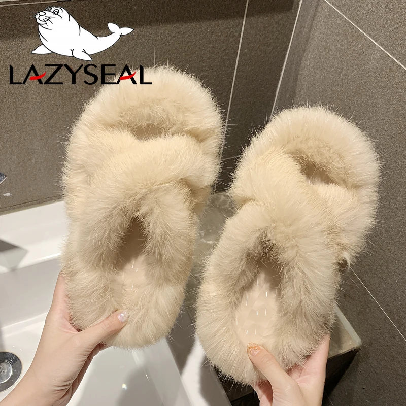 LazySeal/тапочки с натуральным кроличьим мехом женская обувь модные женские Вьетнамки, Повседневная плюшевая обувь на плоской подошве женские меховые домашние шлепанцы