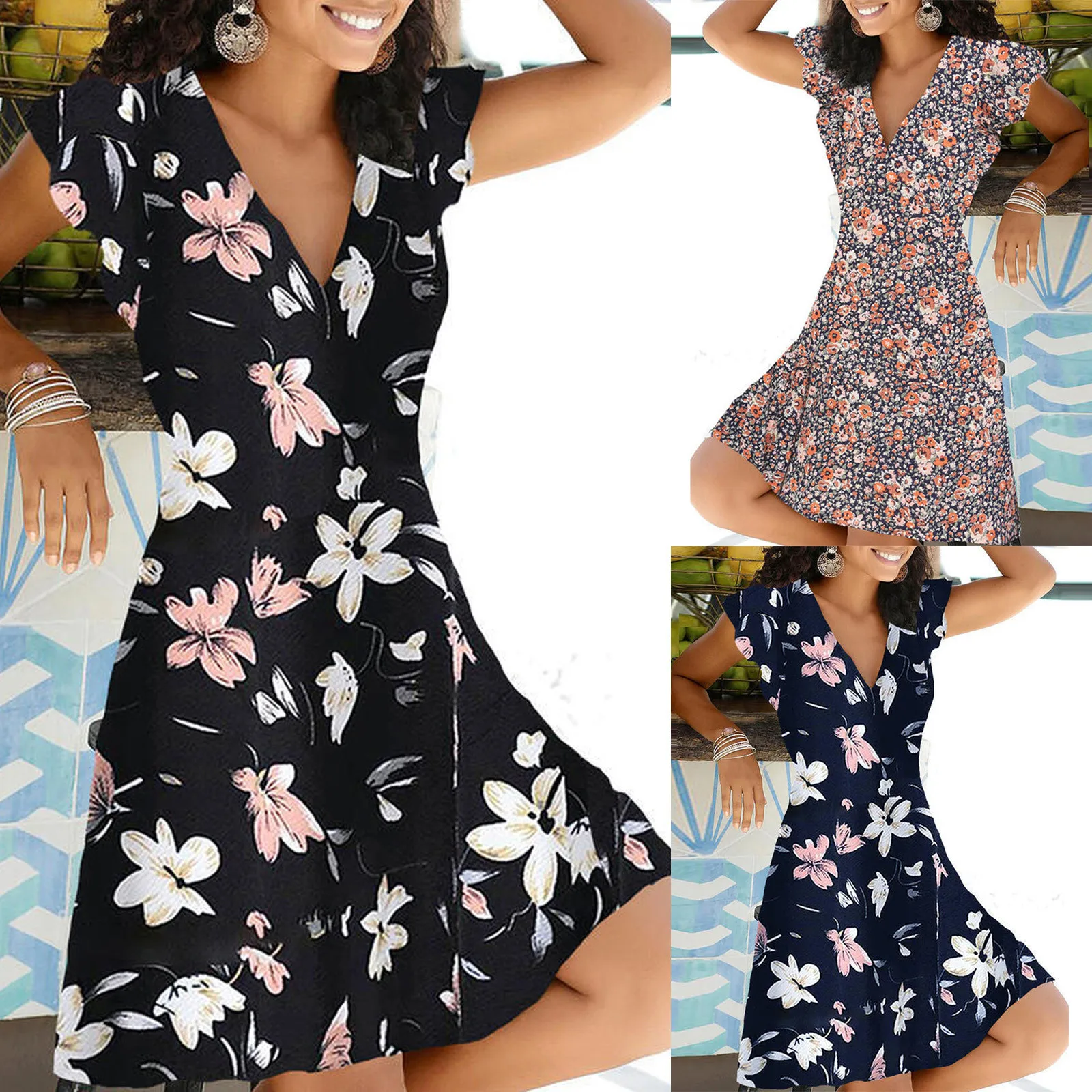 Dress Women Summer V-neck Flower Print Short-sleeved Zipper Pullover Clothes Elegant Vintage Dress Vestidos De Verano sukienka 1