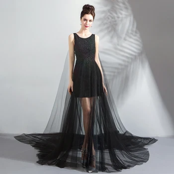 

Evening Dresses 2020 Long Women Black Court Train Elegant Floor-Length Customized Appliques Evening Formal Party Dress