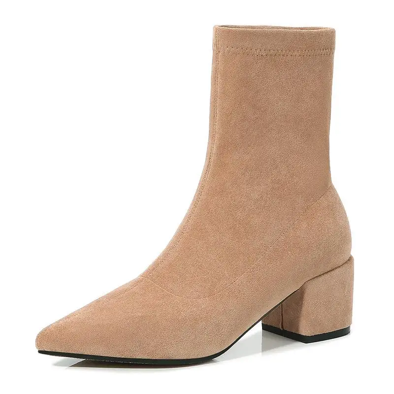 

2019 Autumn Women's Pointed Toe Suede Europe And America Socks Boots Elasticity Sleeve Martin Boots Thick Semi-high Heeled WOMEN
