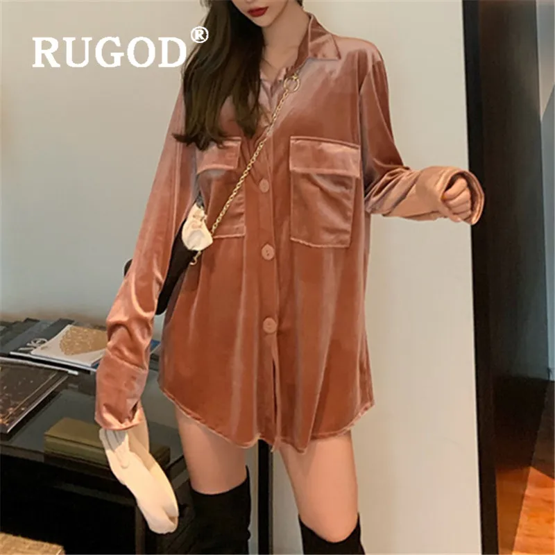 RUGOD винтажные бархатные блузки для женщин отложной воротник сплошной длинный рукав свободная рубашка Корейская Весенняя мода элегантные женские топы