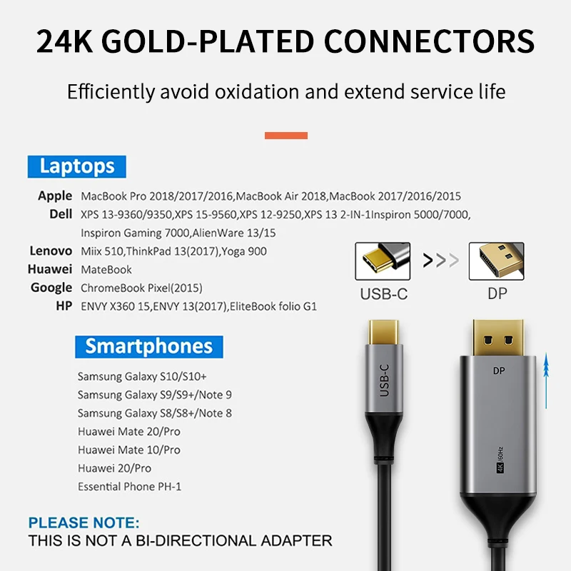 Cabletime USB C to DisplayPort Cable Thunderbolt 3 4K 60Hz USB Type C 3.1 to DP Adapter USB to DP UHD External Video C262