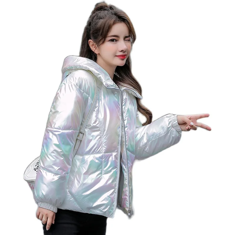 

Lingwave 2020 Winter New Shiny Colorful Female Outerwear Loose Short Thick Hooded Snow Warm Women Jacket