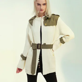

[] Loose Fit Army Green Knitting Split Temperament Jacket New Lapel Long Sleeve Women Coat Fashion Tide Spring 2020 1M986