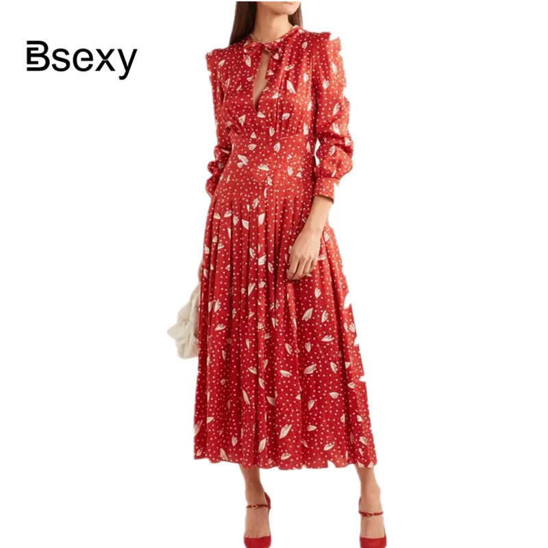2019 осеннее женское цветочный принт миди платье винтажное элегантное