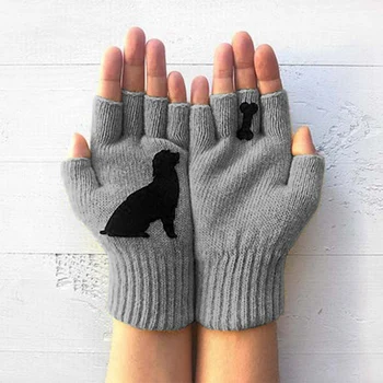 

Winter Warm Knit Gloves Men and Women Cute Dog Bone Printed Mittens Soft and Warm Full Finger Gloves