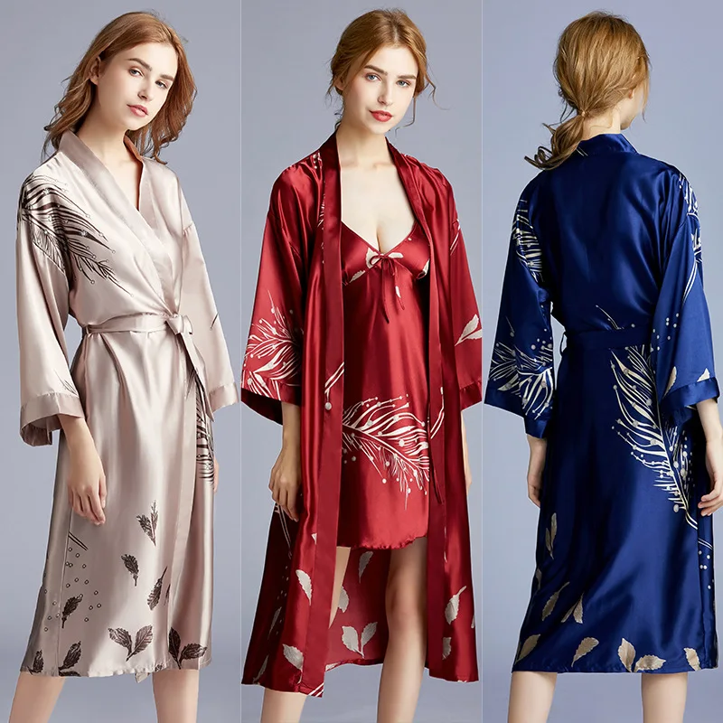

Faux Silk Wedding Pajamas Lady Spring Summer Long Bridesmaid Red Bride Morning Robe Home Robe Sleepwear Nightdress