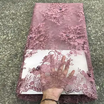 

Pink 3d flower African Lace Fabric 2019 Embroidered French Beads Lace Fabric High Quality Nigerian TulleFor Wedding Party Dress