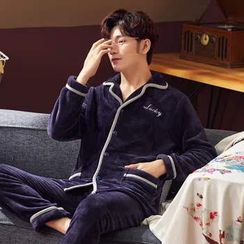 

Coral Fleece Men Casual Sleep Set 2PCS Pajamas Suit Winter New Sleepwear Flannel Intimate Lingerie Home Clothing Nightwear