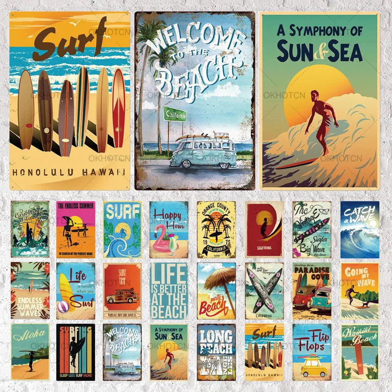 

Surfing Beach Sign Plaque Metal Summer Sign Metal Plate Wall Decor For Beach Bar Beach House Surf Club Decorative Iron Painting