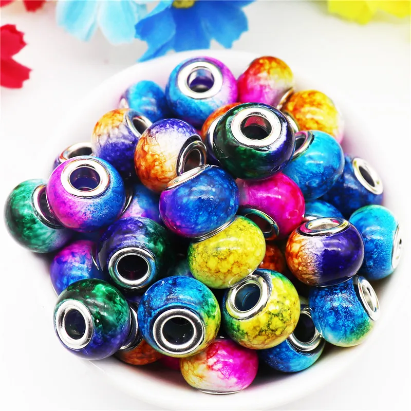 

10Pcs New 16mm Big Round Large Hole Gradient Murano Glass Beads European Charm Bracelet Spacer DIY Silver Plated Jewelry Making