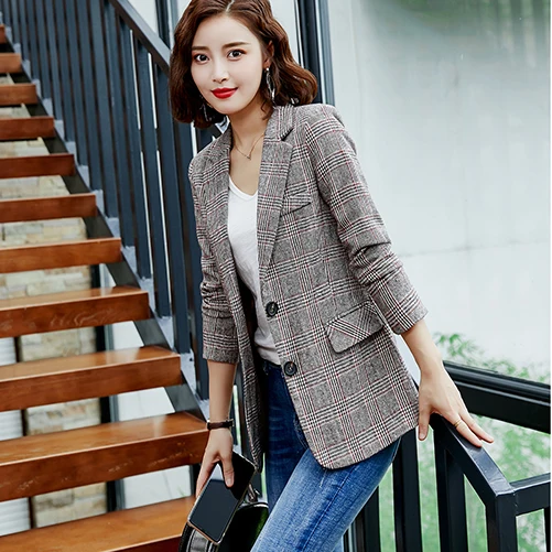 Brown Plaid Blazer Блейзер для женщин, для девушек, Повседневный, белый, серый, коричневый, клетчатый Блейзер, новинка, Осень-зима, однобортный, длинный пиджак, пальто, S-4XL - Цвет: Brown Plaid Blazer