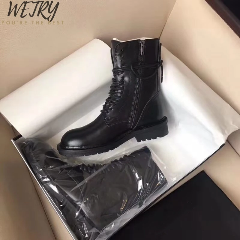 Женские ботинки; коллекция года; модная обувь; женские Ботинки martin из натуральной коровьей кожи на низком каблуке с ремешками; рыцарские ботинки; ботинки
