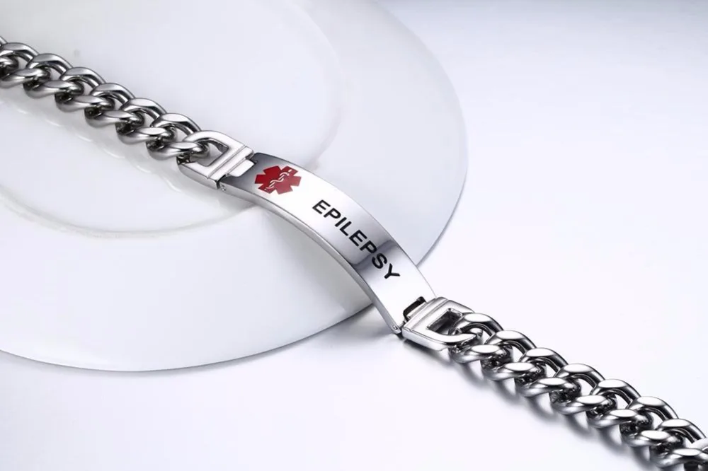 Mens Medical Alert ID Bracelets Stainless Steel Link Chain Wrist EPILEPSY 18