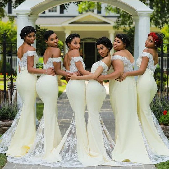 Aso Ebi цвета слоновой кости Платья для подружек невесты с аппликацией размера плюс возлюбленная с открытыми плечами отвесная спина Русалка Румяна Свадебные платья для гостей