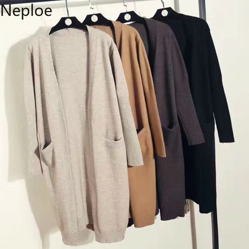Neploe V шеи длинный вязаный кардиган Femme корейский Свободный Однотонный свитер женский Осень Зима длинный рукав тонкий Pull Femme 46320