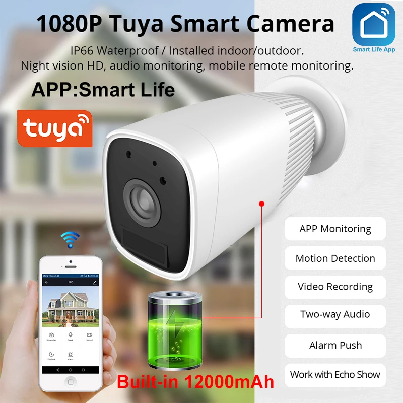 IP камера Tuya 1080P с Wi Fi и встроенным аккумулятором 12000 мАч IP66|Камеры видеонаблюдения|