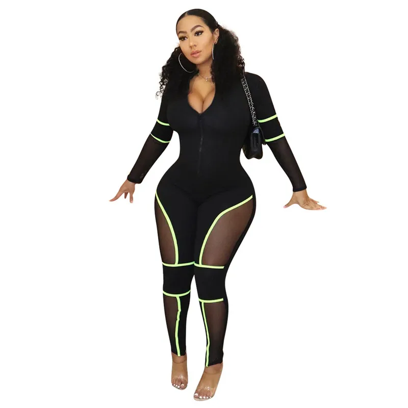

OLOEY Sheer Mesh Patchwork Bandage Jumpsuit Zipper Front V Neck Long Sleeve Women Sexy Romper Tracksuit Night Club Overalls