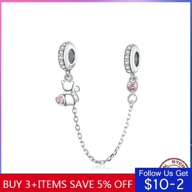 

CodeMonkey Pet Cat Heart Safety Chain with Silicone 925 Sterling Silver Charm for Bracelet & Bangle DIY Jewelry Accessories 1233