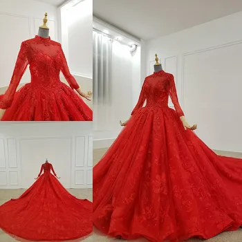 

Red Vintage muslim wedding dresses a line High Neck long sleeve luxury wedding dress plus size Vestidos De Novia Bridal Gowns