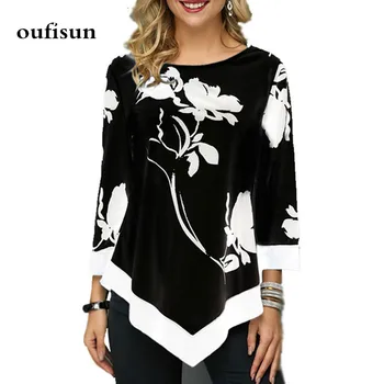 

Plus Size S-5XL Irregular Women's Shirt O-Neck Pullover Sexy Korean Shirts Autumn 2020 Big Flower Print Loose Top Blouses Female