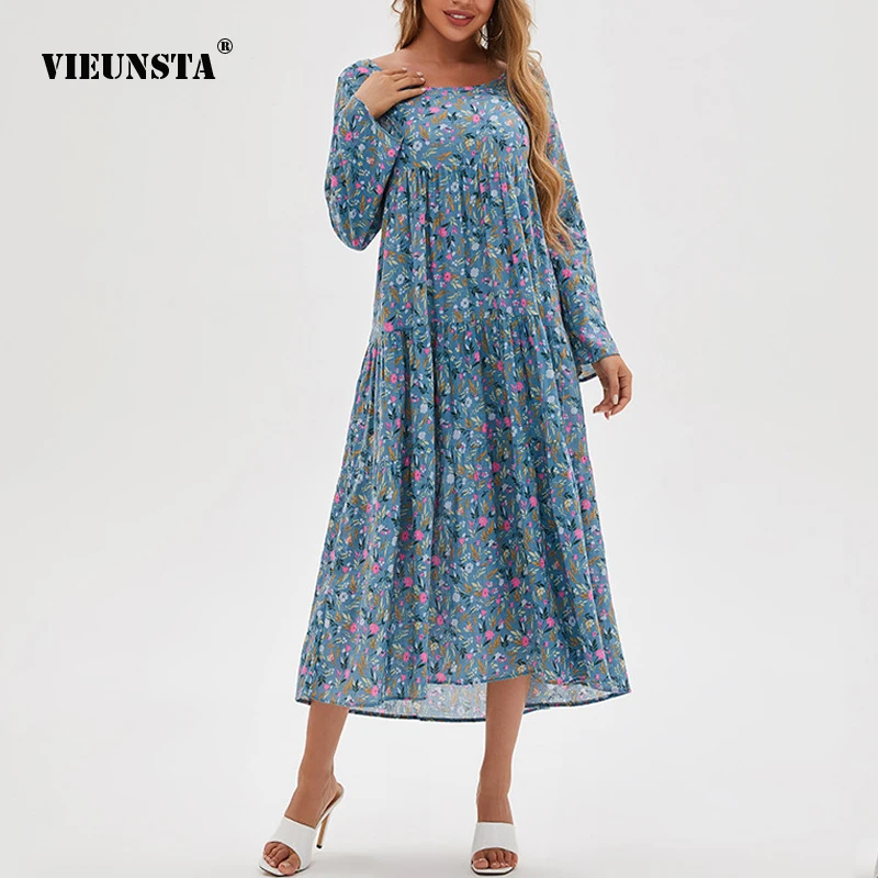 

Summer 2021 New Bohemia Cotton Hemp Blue Small Floral Printing Long Sleeve Dress Round Neck Loose Long Skirt Women Large Size