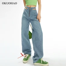 Straight Jeans Women Hollow Out Zipper Waist 2021 Fashion Loose Casual Jean Pants Autumn Winter High Waist  Classic Trousers New