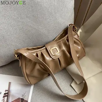 

Fashion Pleated PU Leather Handbag Totes Portable Women Solid Color Casual Underarm Shoulder Bags Travel Clutches