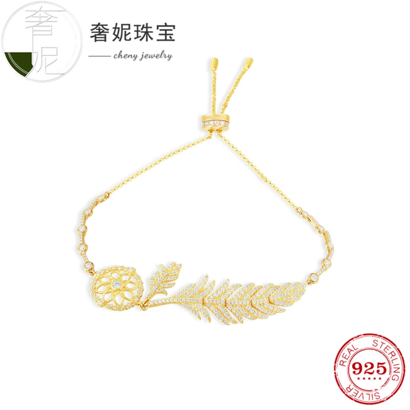 Cheny fit s925 Серебряный браслет черного золота Цвет Браслет Листья Форма с кристаллом модные роскошные украшения для женщин - Окраска металла: Светло-желтый, золотистый цвет