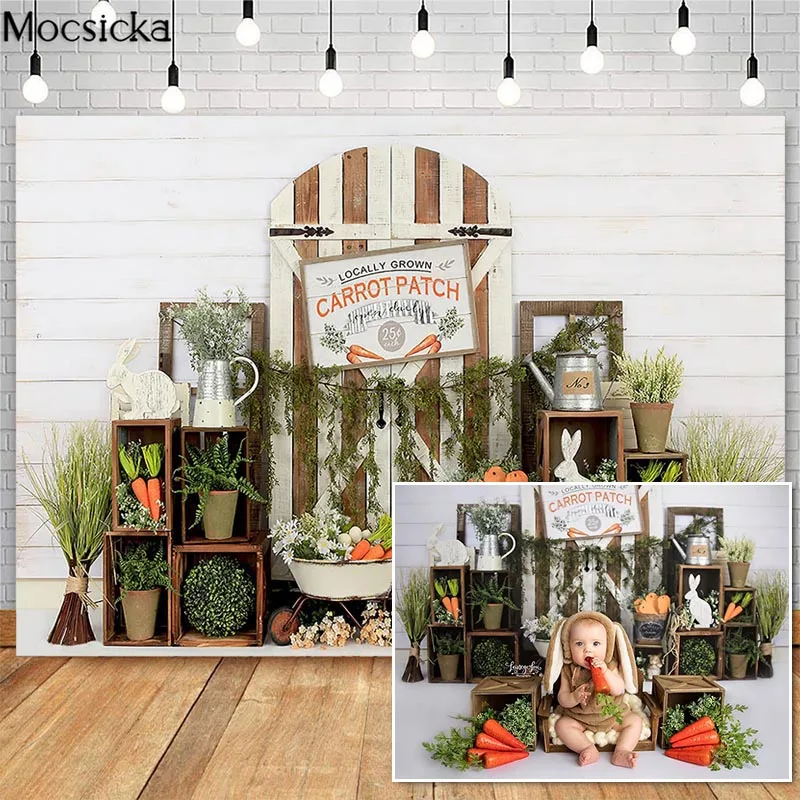 

Mocsick Spring Easter Photography Backdrops Carrot Bunny Decor Vintage Wooden Door Photo Booth Background For Photo Studio