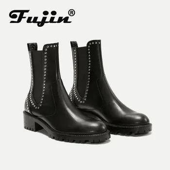 

fujin genuines fashion boots women genuine leather slip on boots squarel heel low pumps slip on Chelsea Leather booties shoes