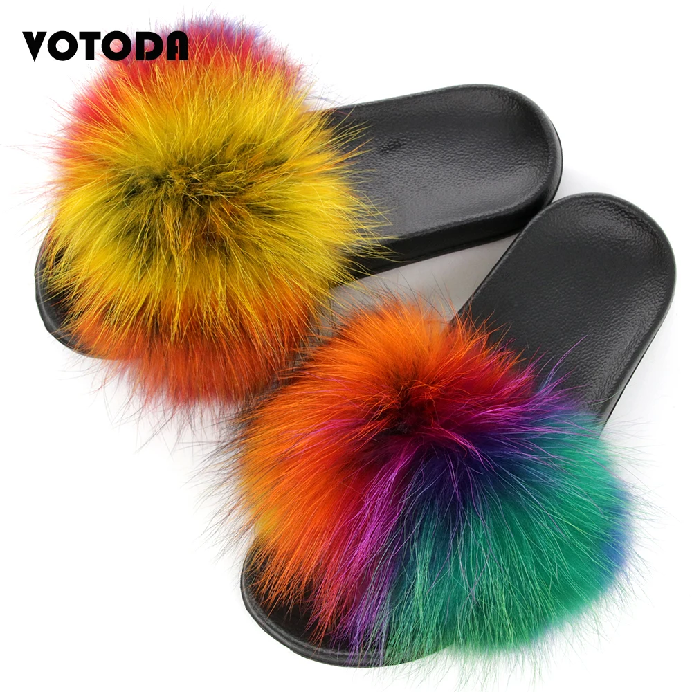Women Warm Real Fox Fur Slippers Woman Sweet Raccoon Sandals Flat Non Slip Slide Fluffy Ladies Open Toe House Shoes | Обувь