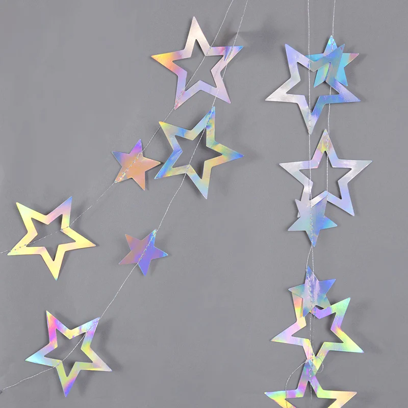 Laser Silver Paper Star Garland Banner Happy Birthday Party Decoration Girl Boy Baby Shower Wedding Christmas Wall Hanging Decor