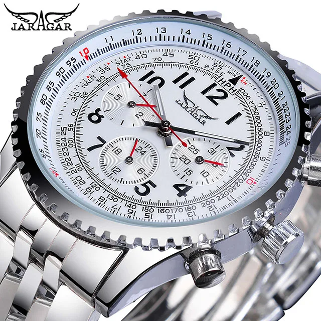 Мужские автоматические часы Jaragar Pilot, черные, с 3 циферблатами, многофункциональные, механические, стальные, спортивные часы, лучший бренд, роскошные мужские наручные часы - Цвет: GMT1078-3