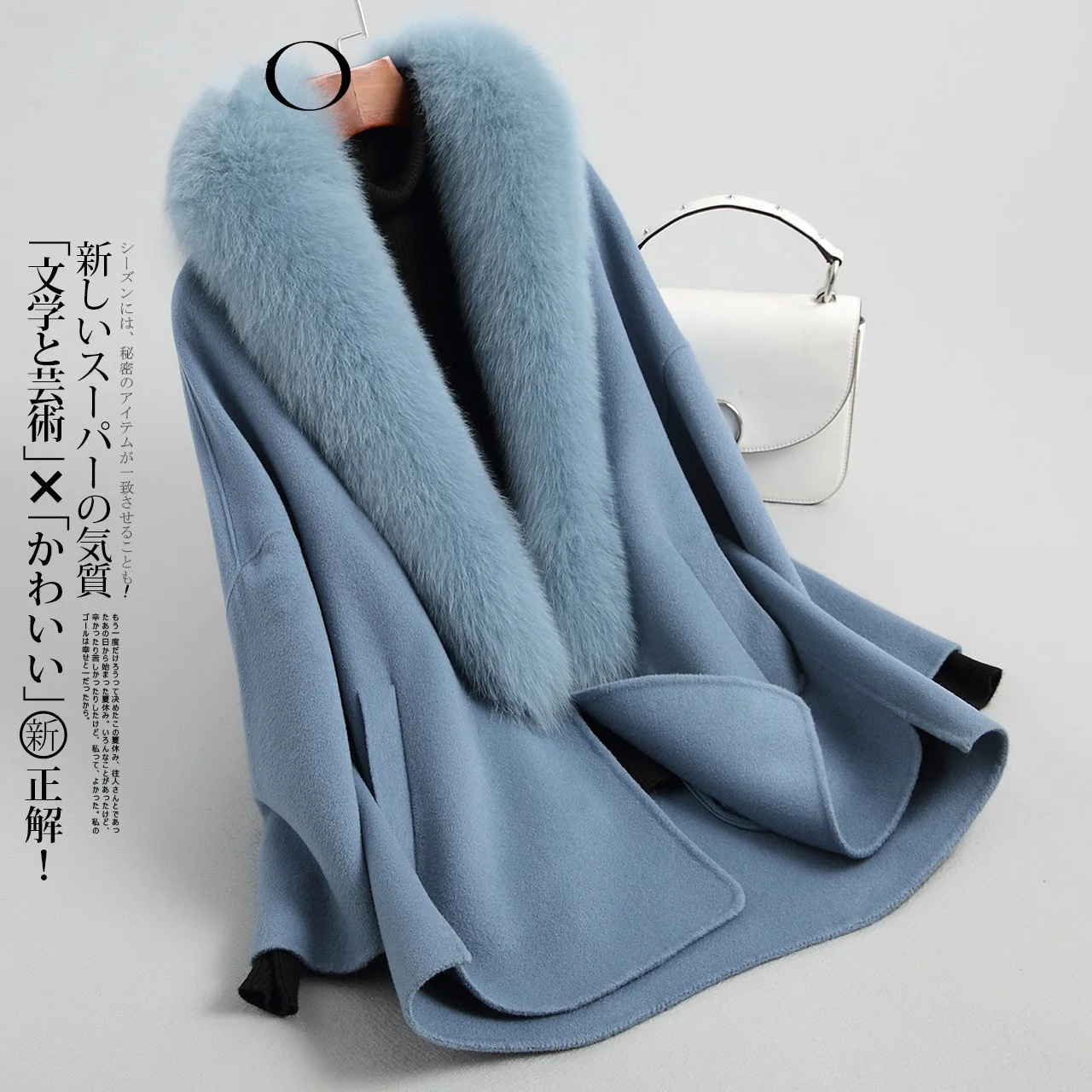 Autumn Winter Women Big Fox Fur Collar Real Wool Female Double-side Woolen Coat Vintage Jacket X2412000DMP8101MY1902 | Женская одежда