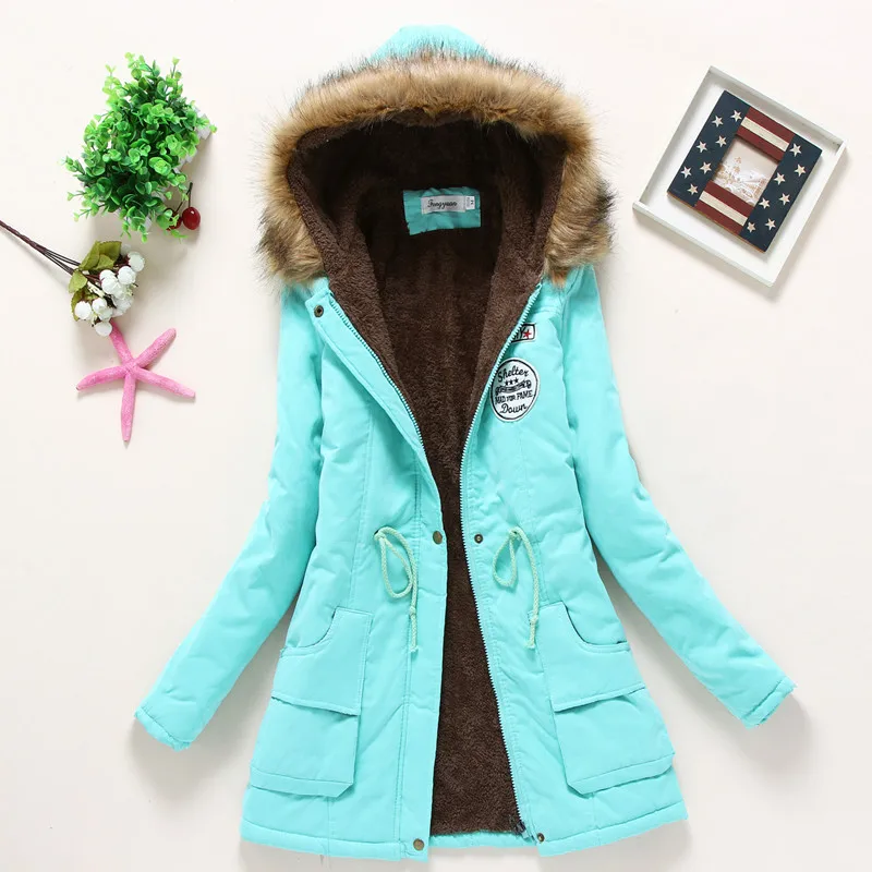 Женское зимнее теплое пальто, женская осенняя хлопковая Меховая куртка с капюшоном размера плюс, верхняя одежда, тонкая Длинная женская куртка - Цвет: Pea Green