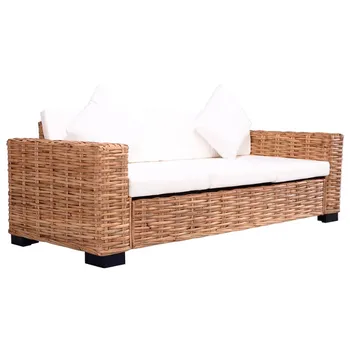 

195 x 80 x 67 cm Sofa Bed Leisure Chaise with Cushion 3-Seater Natural Rattan Combination Removable Garden Living Room Furniture