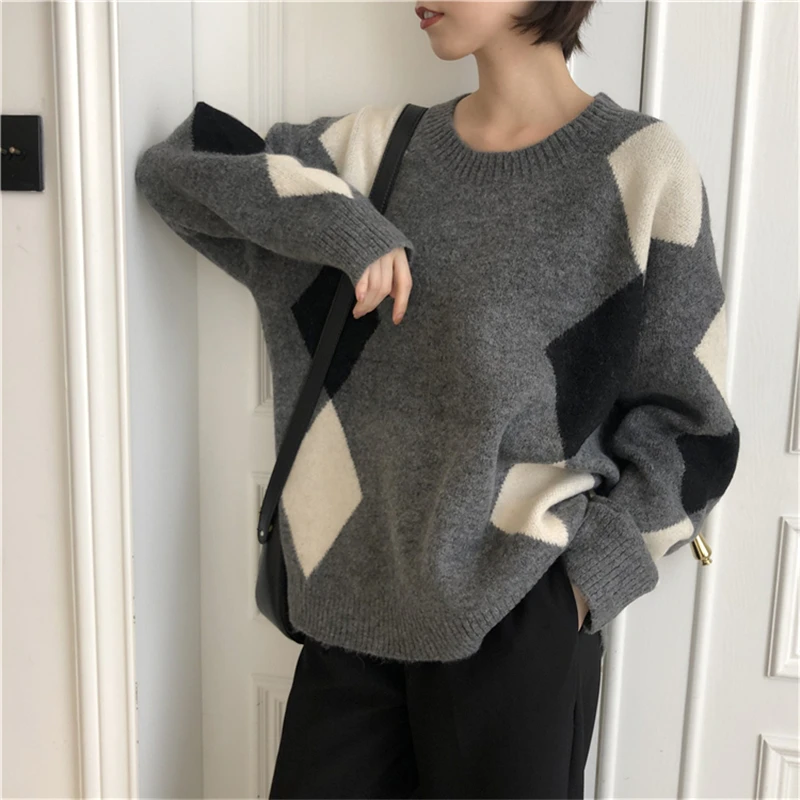 Осенне-зимний женский свитер в клетку с круглым вырезом, теплый минималистичный вязаный пуловер, элегантные женские свободные трикотажные топы, джемперы