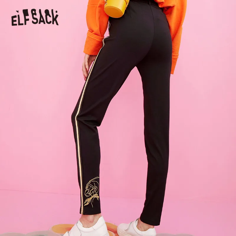 ELFSACK женские штаны с мультяшным принтом 2019 Осенние повседневные черные модные