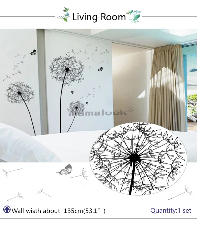Large Black Dandelion Flower Wall Stickers Home Decoration Living Room Bedroom Furniture Art Decals Butterfly Murals