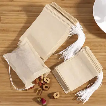安い 100 個巾着ティーバッグ Diy フィルター紙空使い捨てポータブルポーチバッグルーズリーフ茶粉末ハーブ茶器