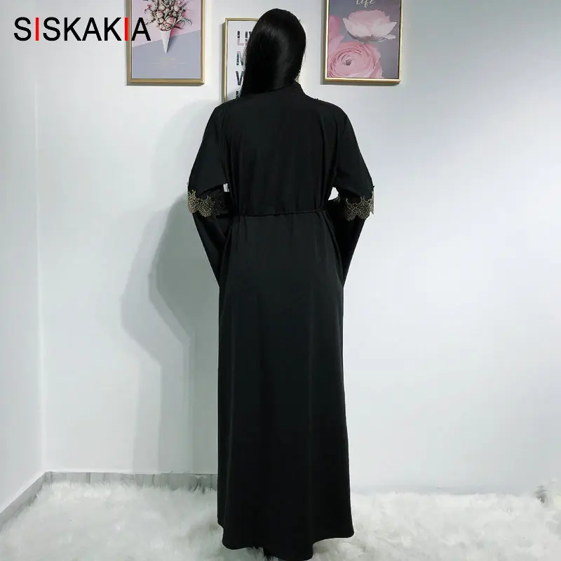 Siskakia мусульманское платье абайя черное Горячее тиснение печать открытые платья для женщин Арабский Кимоно размера плюс расклешенный рукав с поясом