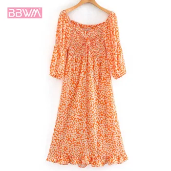 

Summer New Fashion Wild Was Thin Square Collar Elastic Lace Chrysanthemum Women's Dress Bohemian Casual Vacation Female Dress