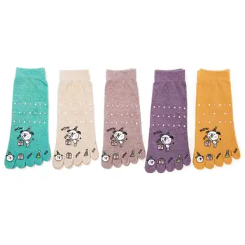 

5 Pairs Womens Spring Cotton Five Finger Toe Socks Sweet Macaron Candy Color Cartoon Dog Tree Printed Hosiery Gifts