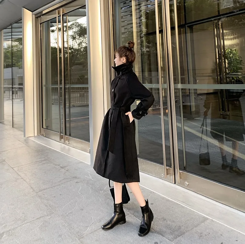 Gaganight Fashion Elegant Women Blends Korean Long Coat Hepburn Style Solid Winter Coats With Belt Winter Warm Thick Outwear
