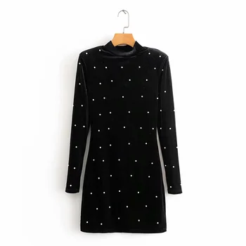 

2020 Spring New Women's Round Neck Long Sleeve Thin Slim Fit Heavy Industry Beaded Pearl Velvet Mini Dress 2731257